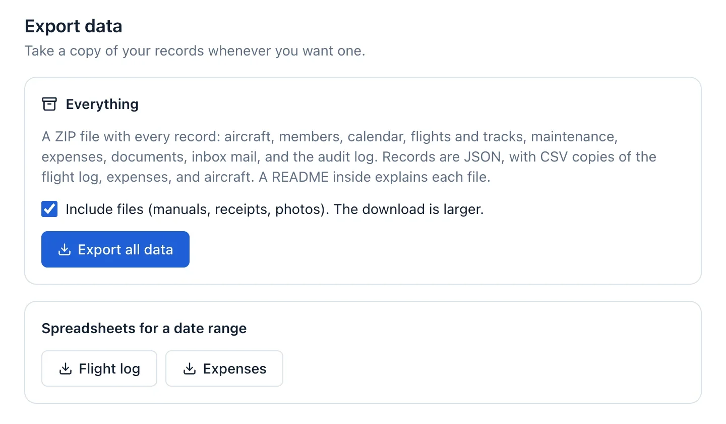 The export page: one download with every record and file, or spreadsheets for a date range