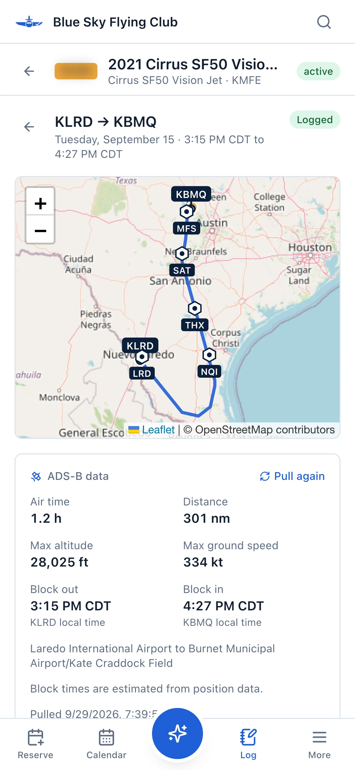 A logged flight on a phone with its ADS-B track