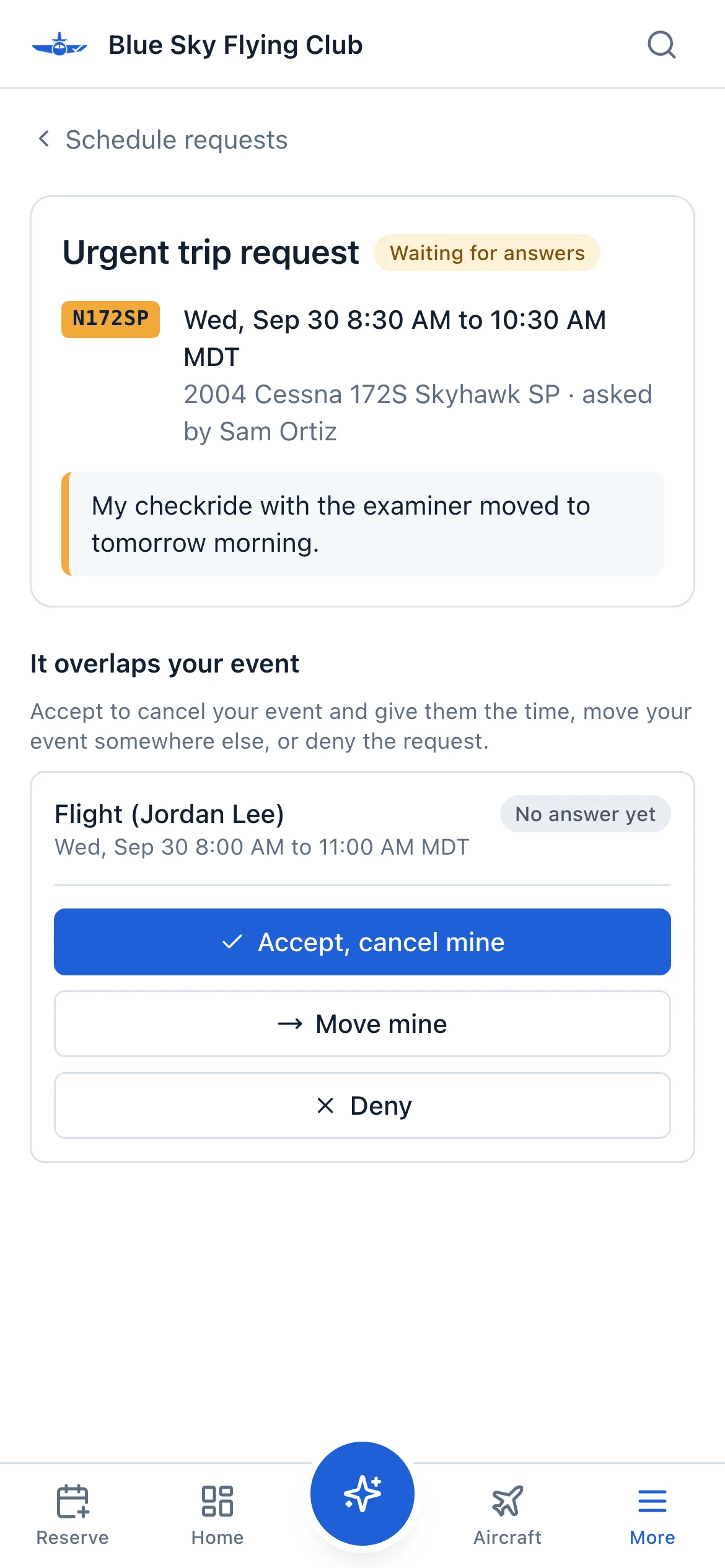 An urgent trip request on a phone